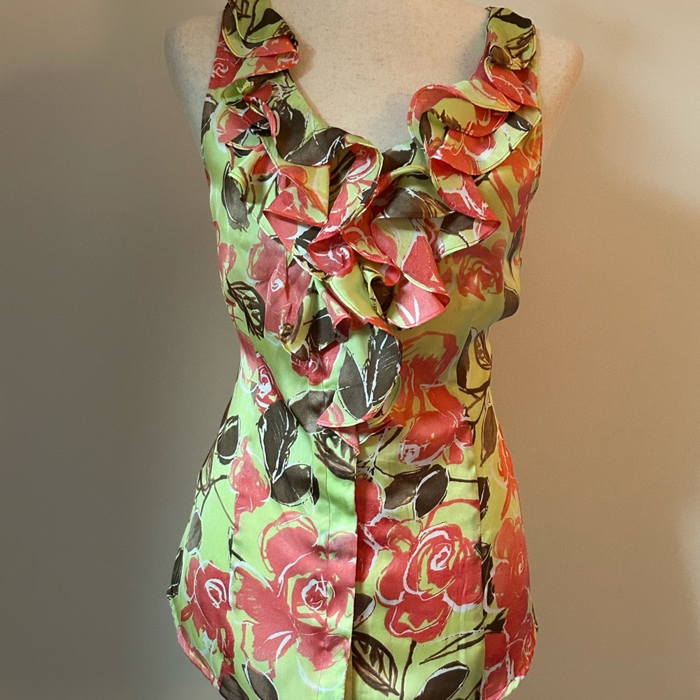 Anne Klein Green and Red Ruffled Tank Top
